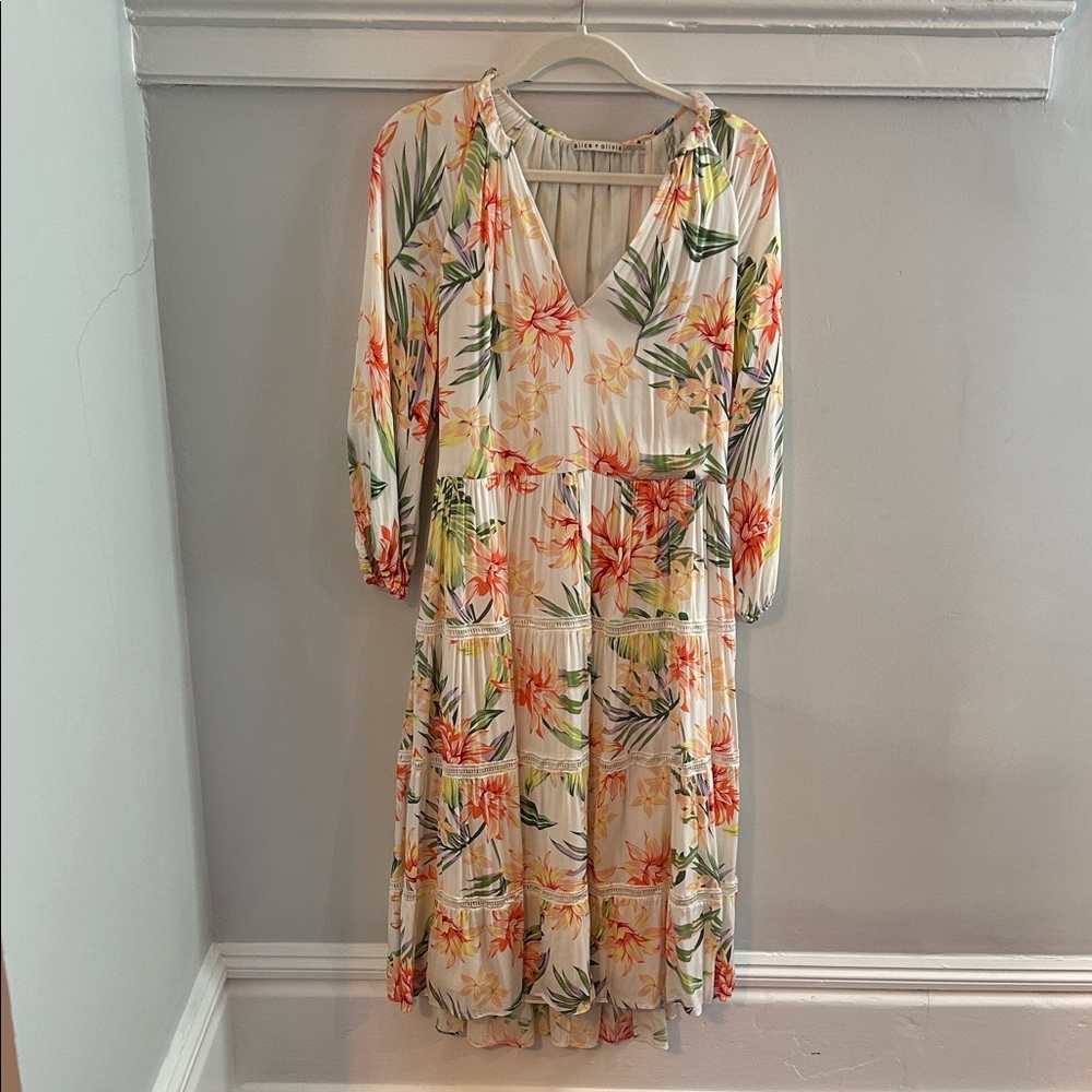 Alice + Olivia Tropical Floral Midi Dress - Cream and Orange